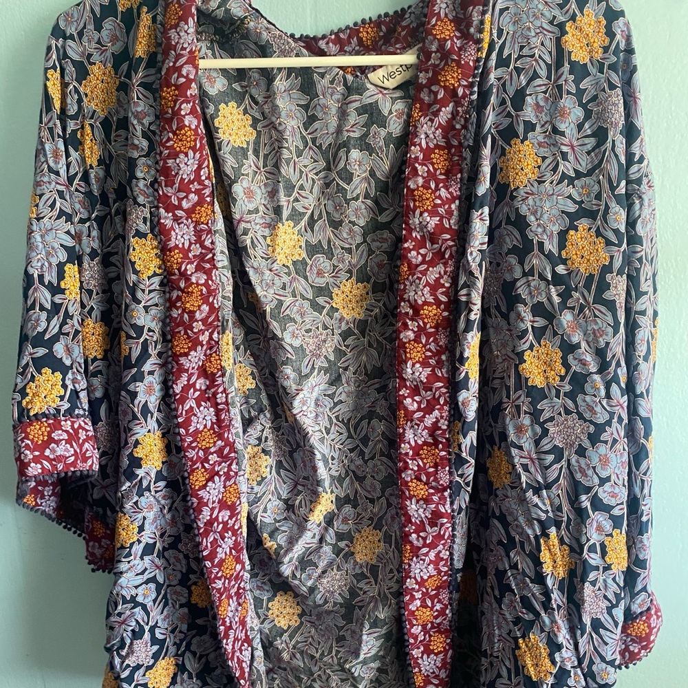 Westport Mixed-Print Floral Kimono — Navy, Maroon & Yellow